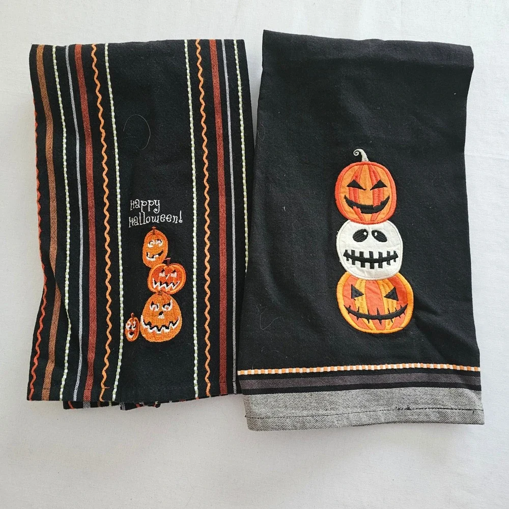 DII Halloween Kitchen Towels Set of 2 Black Striped Embroidered Pumpkins Cotton
